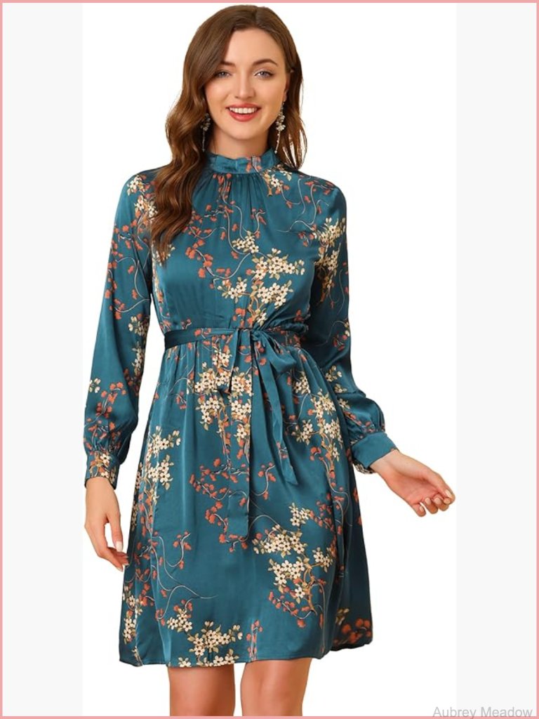 Mock Neck Swing Knee Length A-Line Floral Dress